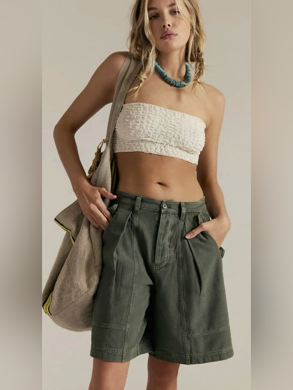 Free People Tybee Pleat Chino Shorts Tropics Green Olive NWT Boho Y2K